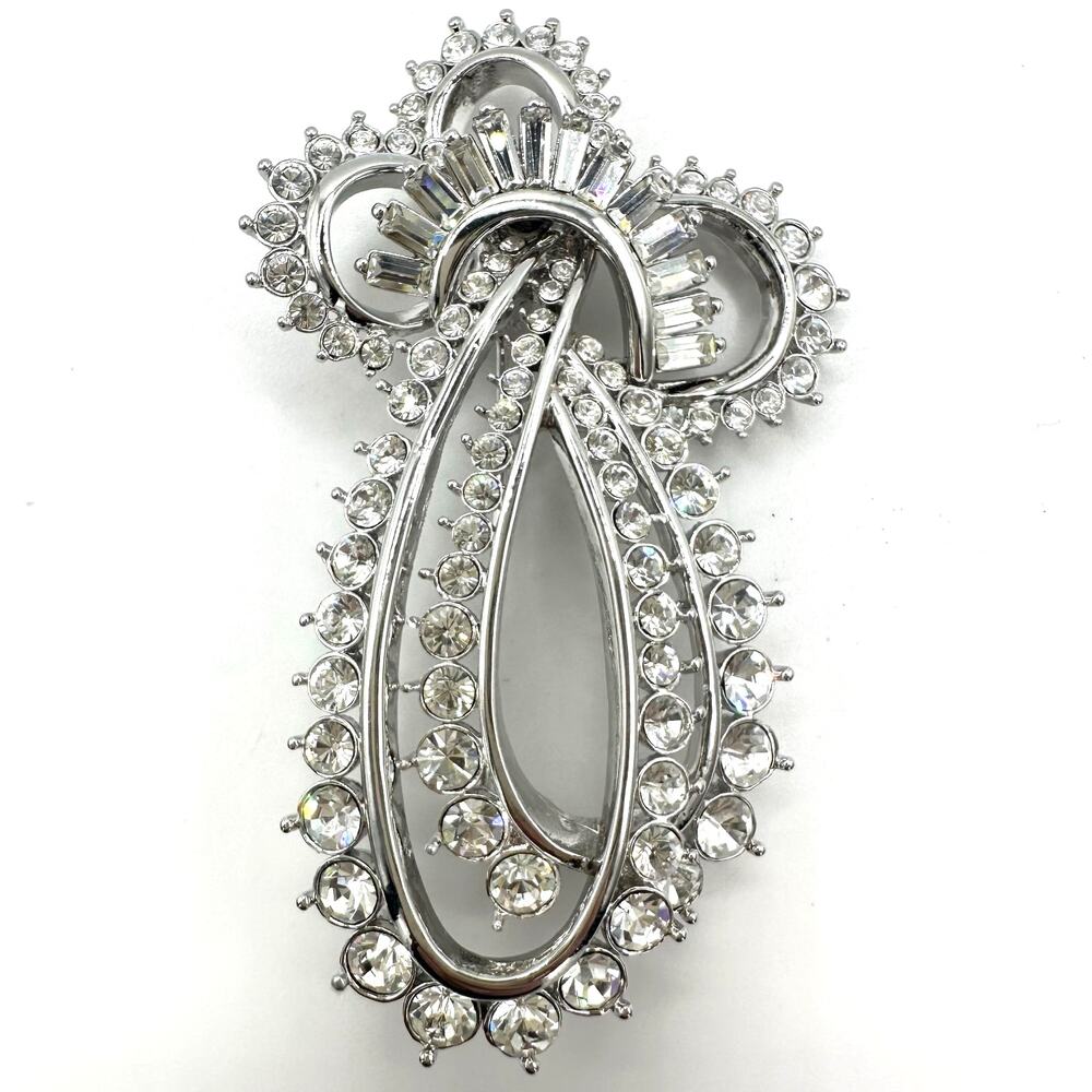 Nolan Miller vintage large silver tone clear baguettes round rhinestones brooch